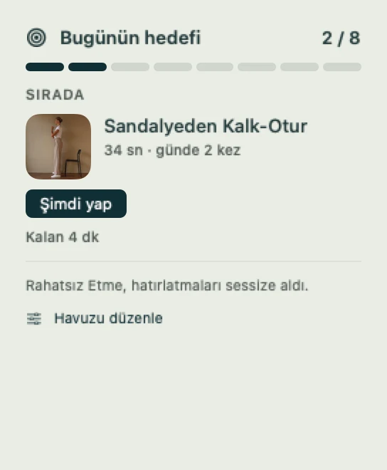 Menü çubuğunda bugünün hedefi: ilerleme, sıradaki hareket ve süresi
